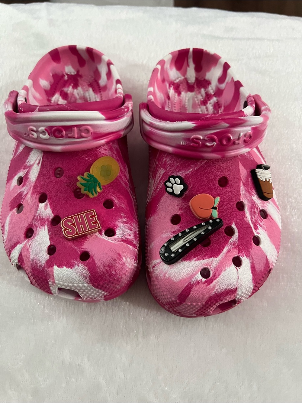 CROCS Kids Pink & White Tie-Dye Clog Sandals with Charms